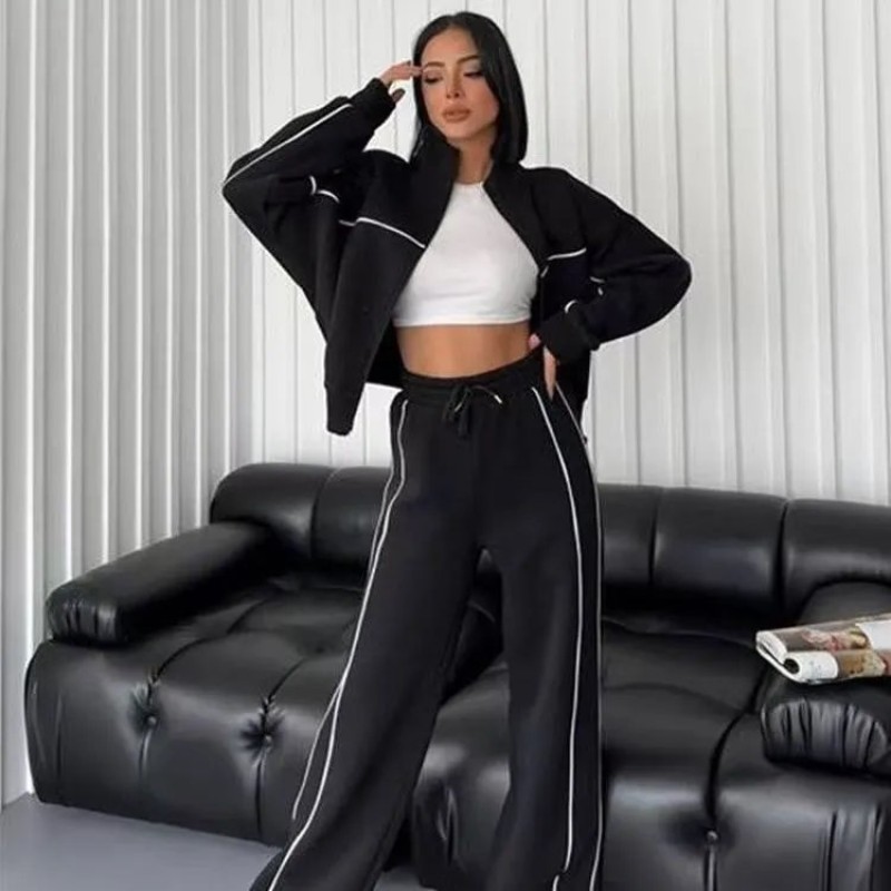 Women's Casual Tracksuit Set Long Sleeve Half-Zip Crop Top & Striped Wide-Leg Pants
