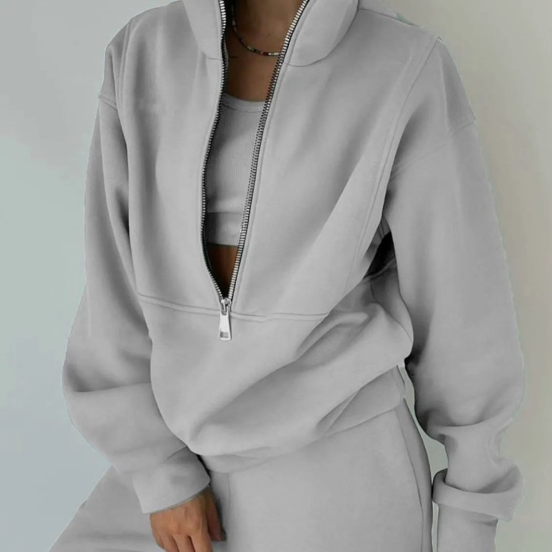 Women's Fleece Tracksuit Set Solid Color Half-Zip Crop Top & High-Waisted Pants