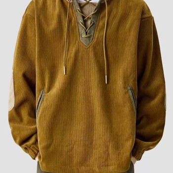 Unisex American Retro Corduroy Color Block Hoodie Oversized Fleece-Lined Sweatshirt