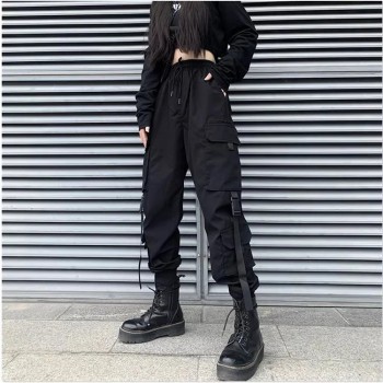 Women's Black Cargo Pants - High-Waisted Slim Fit Ankle-Length Cotton Streetwear Joggers