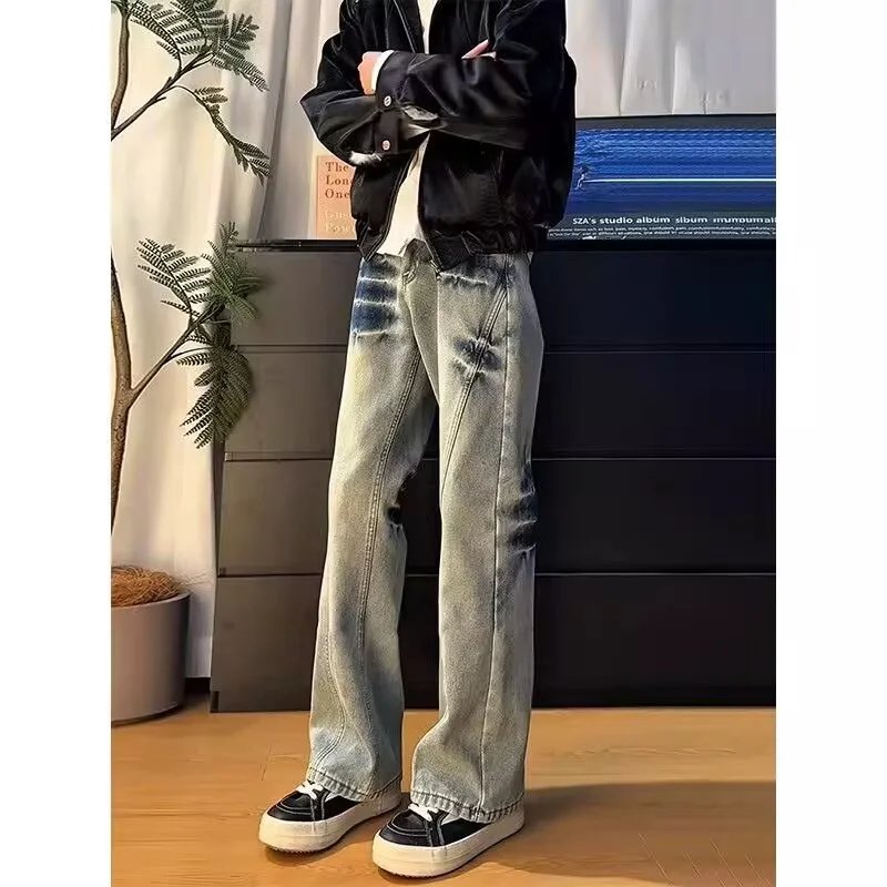 Men's American Cleanfit Blue Lightning Pattern Jeans Slim Straight Micro-Flare Pants