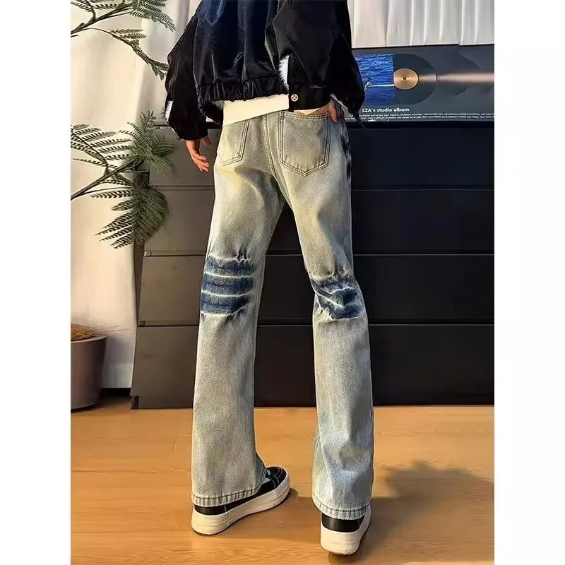 Men's American Cleanfit Blue Lightning Pattern Jeans Slim Straight Micro-Flare Pants