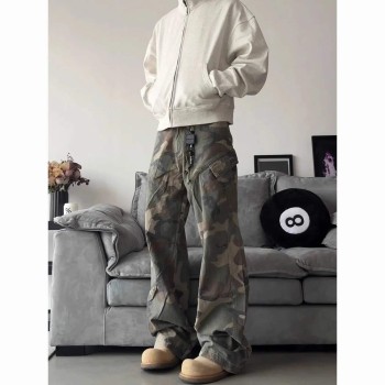 Unisex American Retro Camouflage Cargo Jeans Loose Straight Micro-Flare High Street Pants