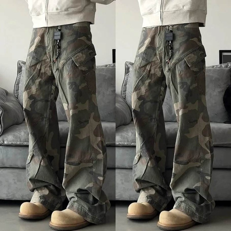 Unisex American Retro Camouflage Cargo Jeans Loose Straight Micro-Flare High Street Pants
