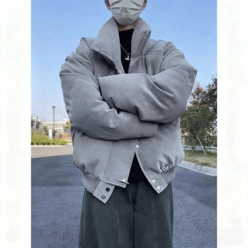 Men's American Tie-Dye PU Leather Puffer Jacket - High Street Stand Collar Bomber Coat