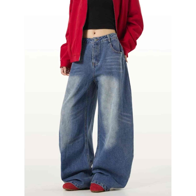 Women's Streetwear Waist Drape Jeans - Retro Wide Leg Curved Hem Denim Pants