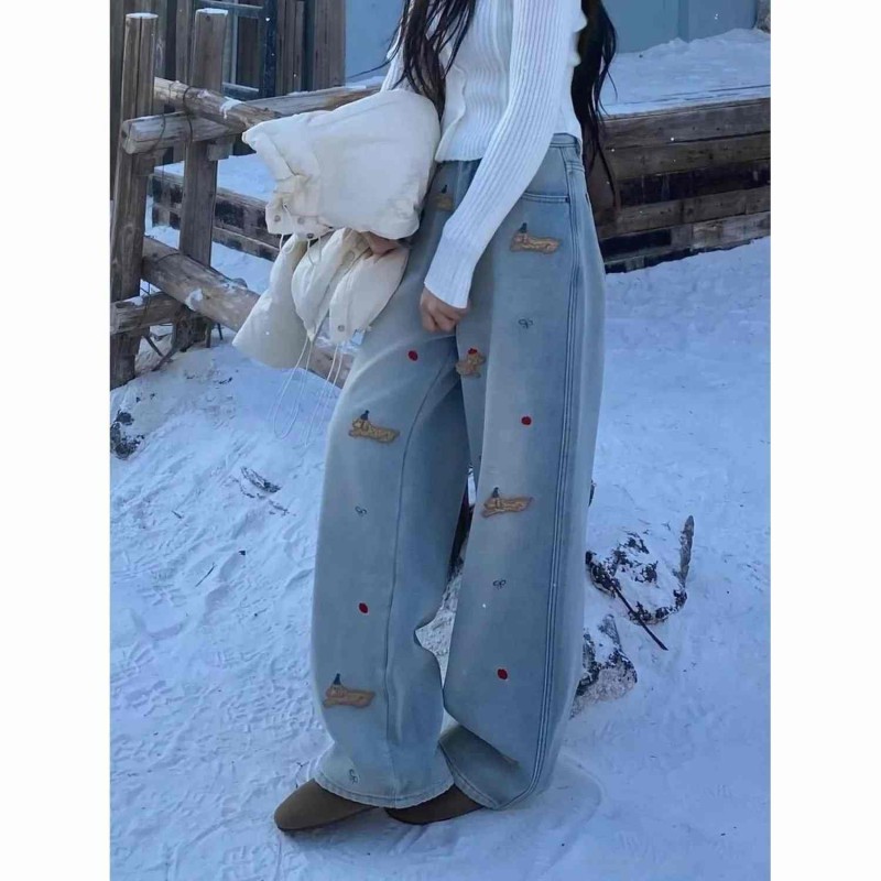 Women's Christmas Embroidered Dog Jeans - Fleece Lined High Waisted Wide Leg Floor-Grazing Pants