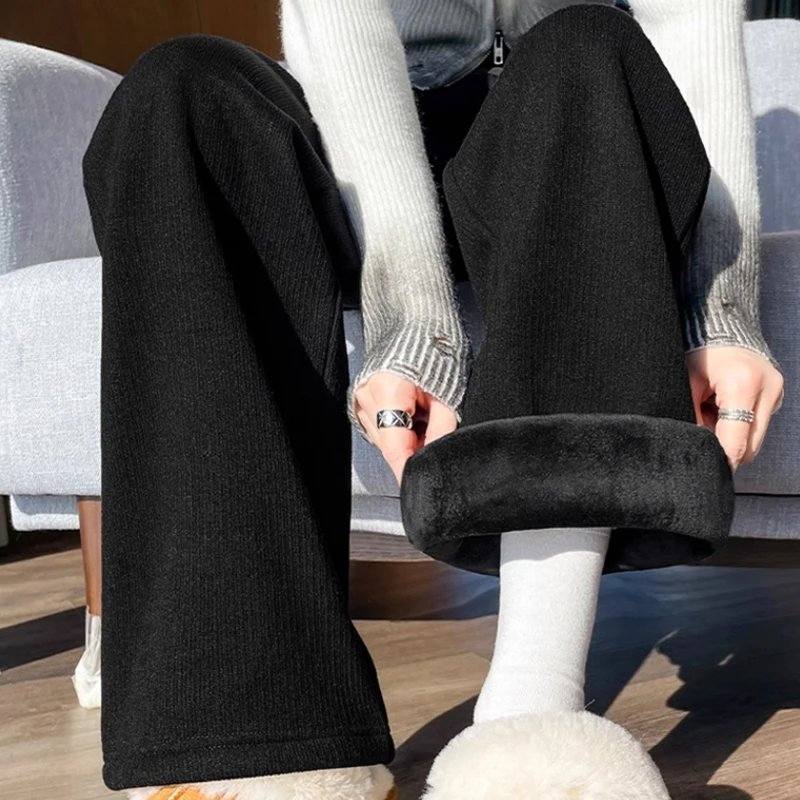 Women's Light Grey Lamb Fleece Wide Leg Pants - High Waisted Loose Fit Convertible Track Pants