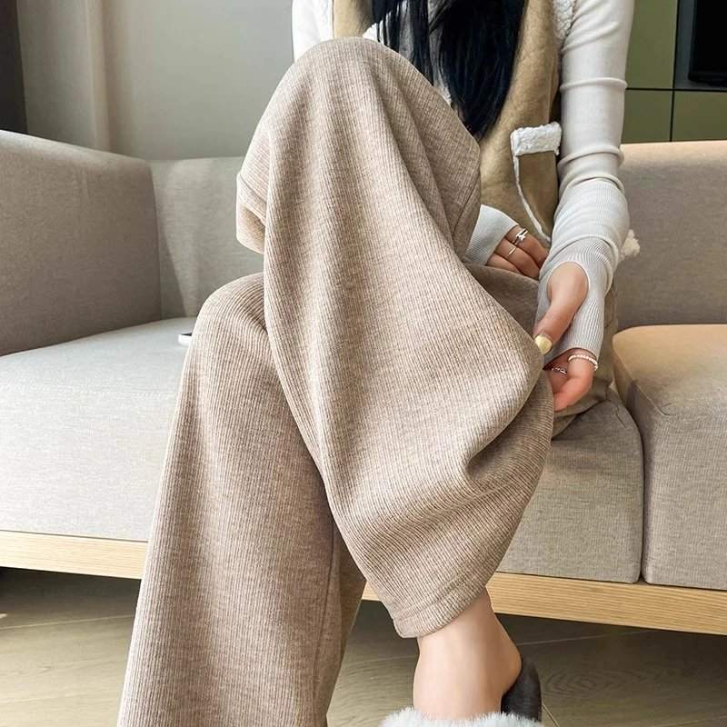 Women's Fleece Lined Wide Leg Pants - High Waisted Imitation Cashmere Straight Trousers
