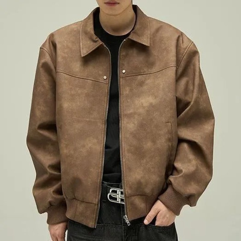 Men's American Retro Hip-Hop PU Leather Lapel Jacket Loose Streetwear Biker Coat