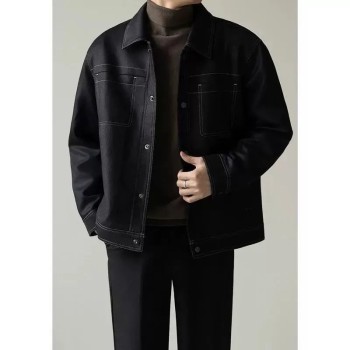 Men's Relaxed Fit Casual Lapel Jacket Premium Contrast Stitch Short-Sleeve Solid Color American Style Outerwear