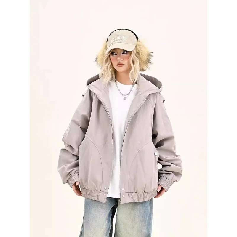 Women's Grey Cargo Hooded Jacket Relaxed Fit BF Style American Streetwear