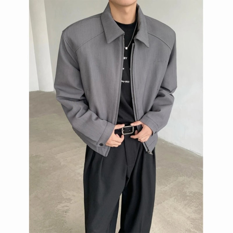 Unisex American Retro Padded Shoulder Blazer Jacket Relaxed Fit Casual Zip-Up Outerwear